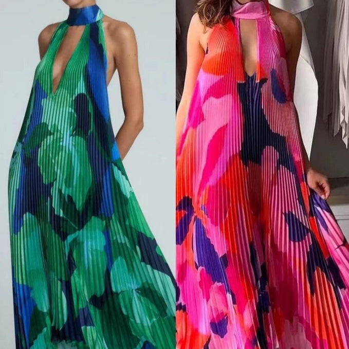 Pleated Maxi Dress with Halter Neck and Deep V-Neckline