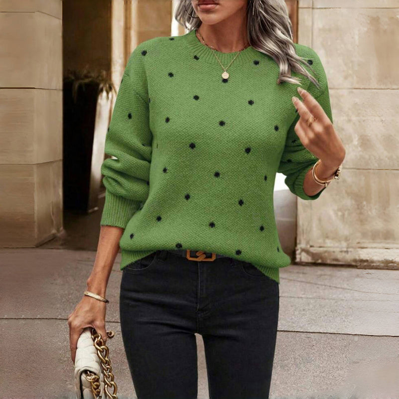 Polka Dot Crew Neck Sweater with Dropped Shoulders and Ribbed Trim
