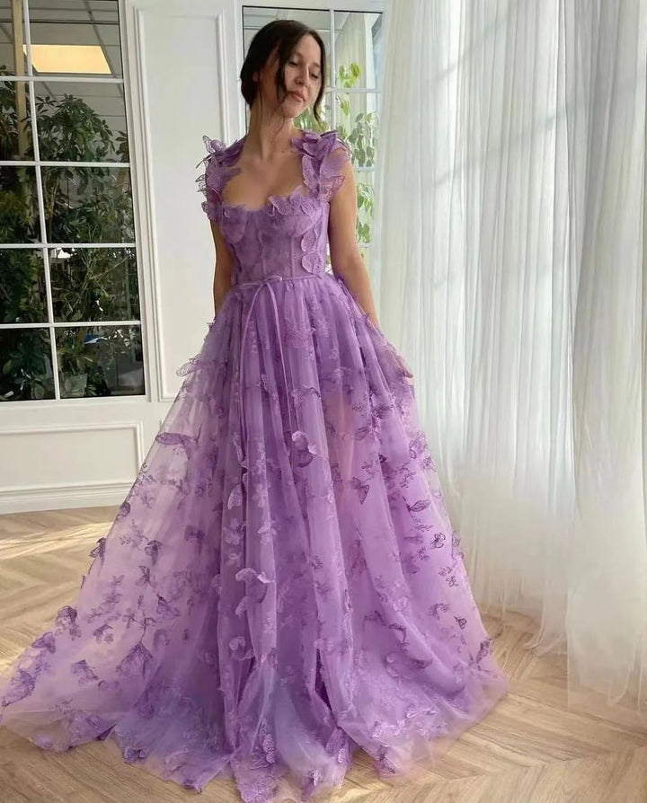Floral Embroidered Maxi Dress with Ruffled Shoulder Straps and Front Slit