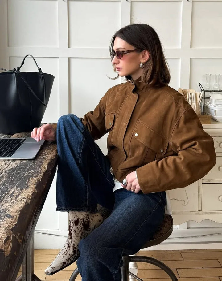 Bomber Jacket with Zip Closure, High Collar, and Chest Flap Pockets