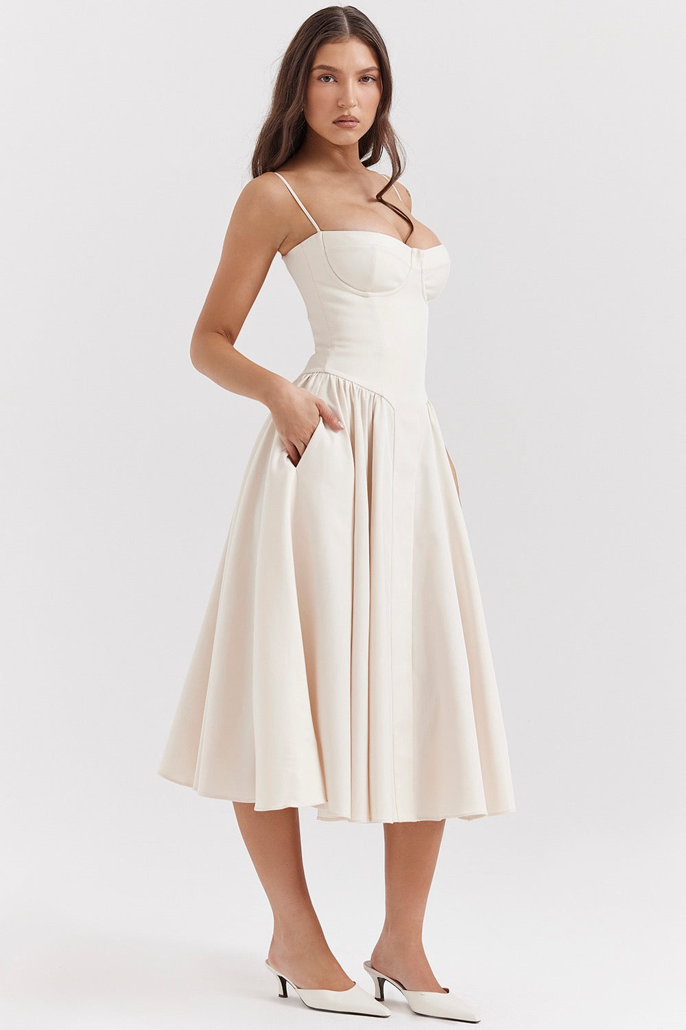 Midi Dress with Spaghetti Straps, Bustier Bodice, and Side Pockets