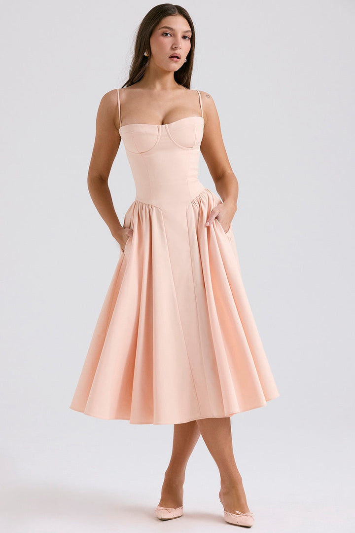 Midi Dress with Spaghetti Straps, Bustier Bodice, and Side Pockets