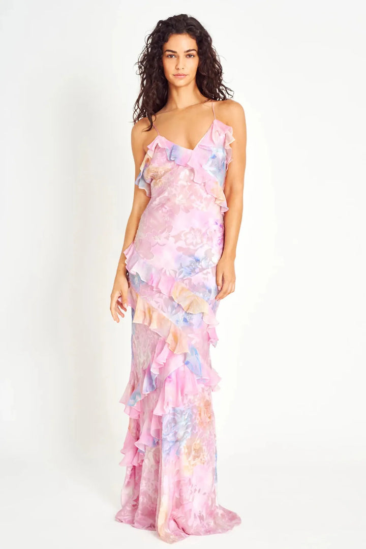 Ruffle Tiered Maxi Dress with V-Neckline and Spaghetti Straps