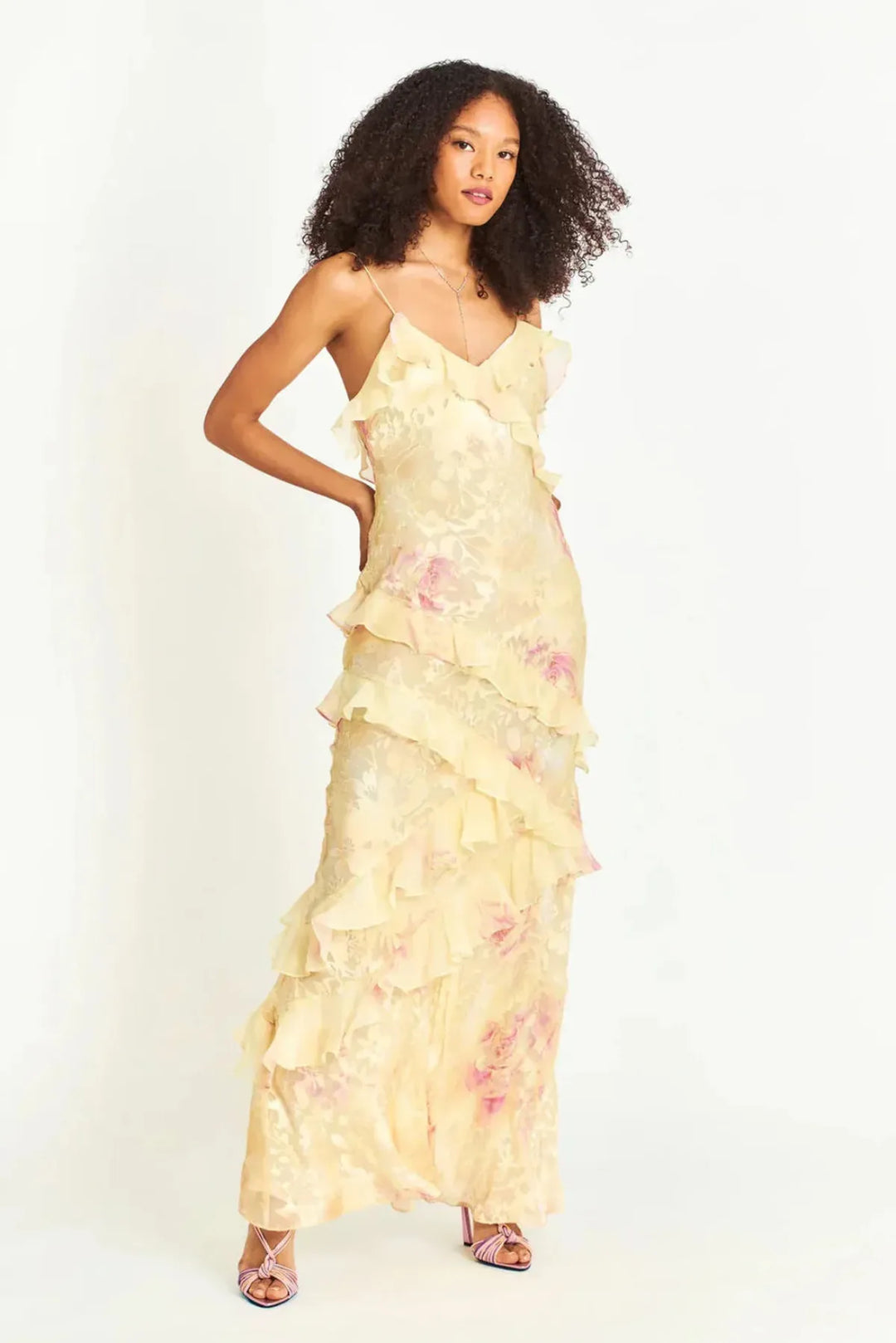 Ruffle Tiered Maxi Dress with V-Neckline and Spaghetti Straps