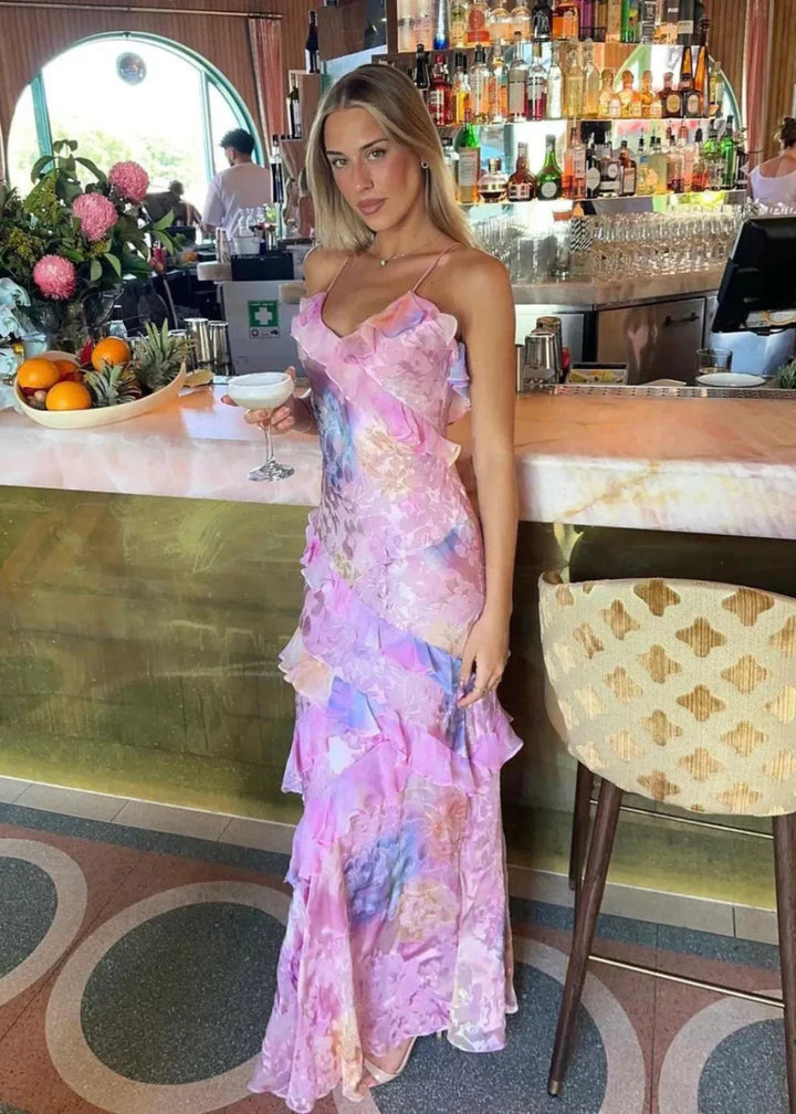Ruffle Tiered Maxi Dress with V-Neckline and Spaghetti Straps