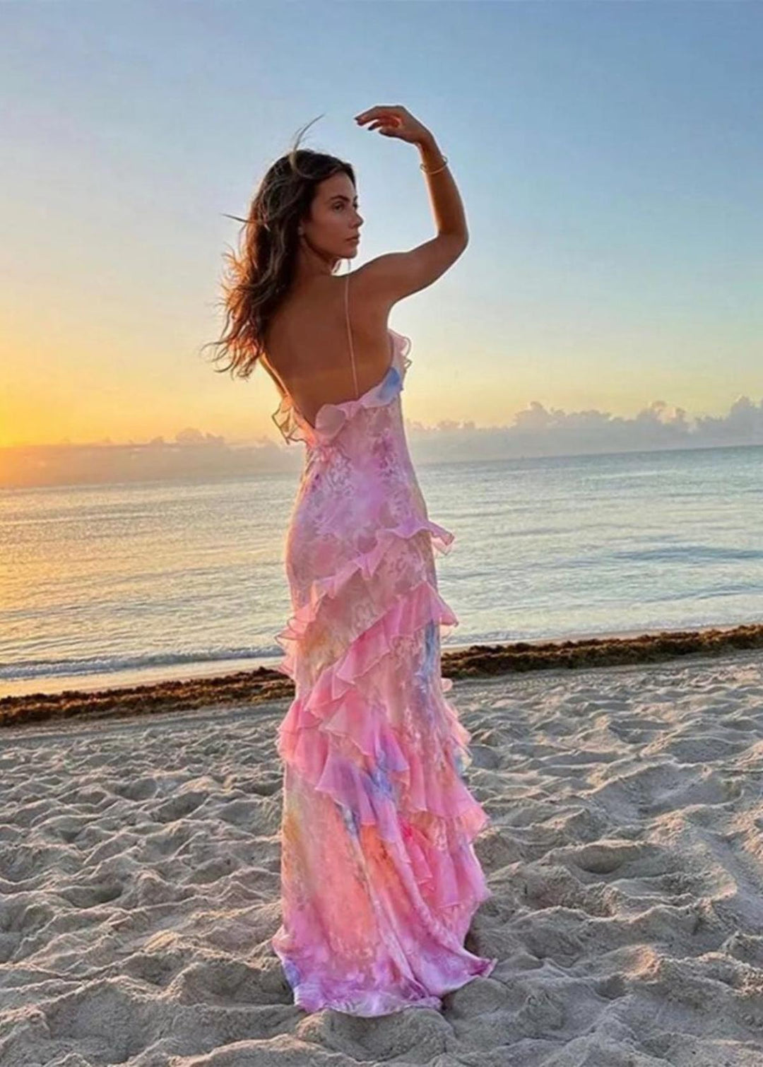 Ruffle Tiered Maxi Dress with V-Neckline and Spaghetti Straps