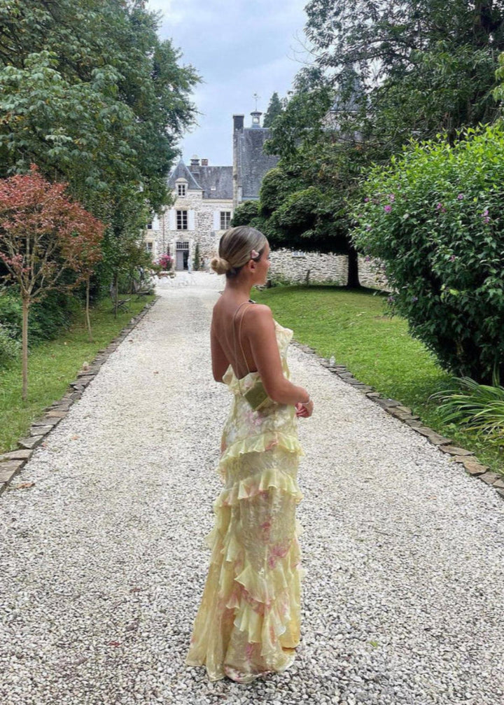 Ruffle Tiered Maxi Dress with V-Neckline and Spaghetti Straps