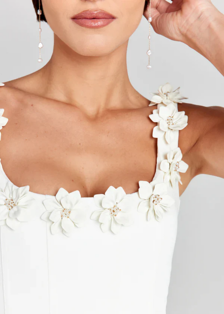 Mini Dress with Square Neckline and Three-Dimensional Appliqués