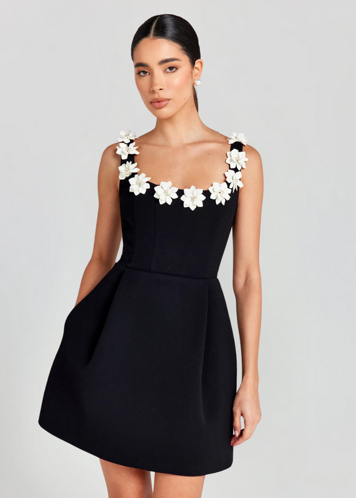 Mini Dress with Square Neckline and Three-Dimensional Appliqués
