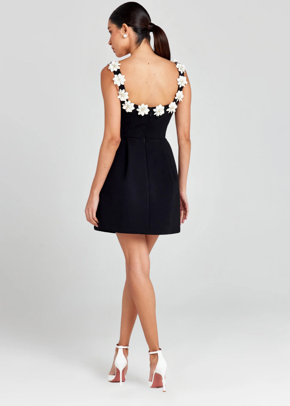 Mini Dress with Square Neckline and Three-Dimensional Appliqués