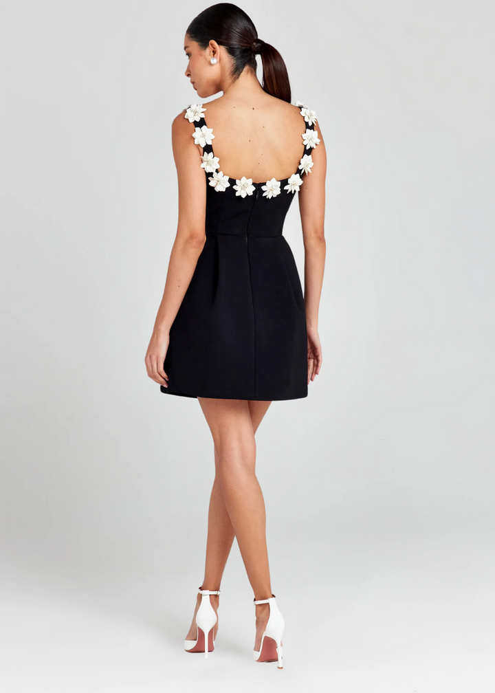 Mini Dress with Square Neckline and Three-Dimensional Appliqués