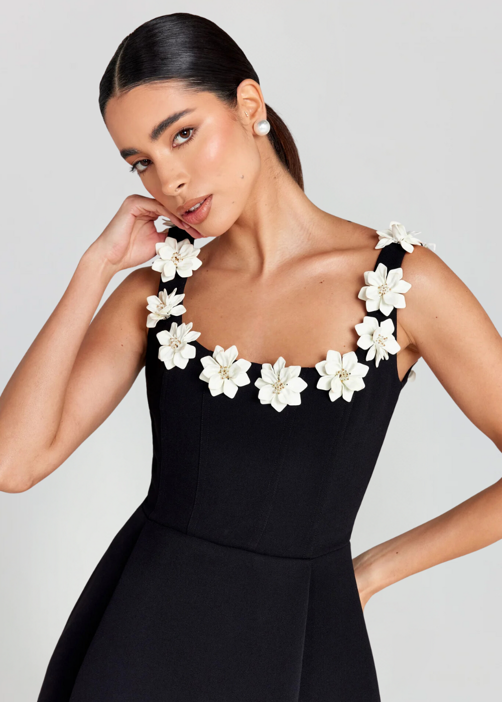 Mini Dress with Square Neckline and Three-Dimensional Appliqués