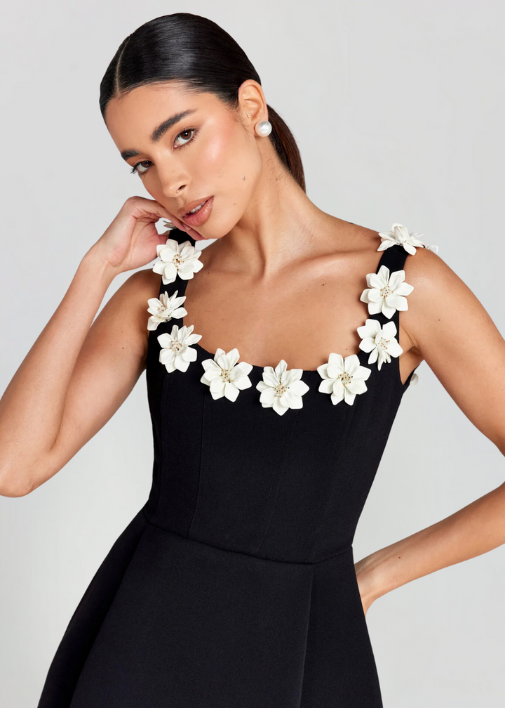Mini Dress with Square Neckline and Three-Dimensional Appliqués