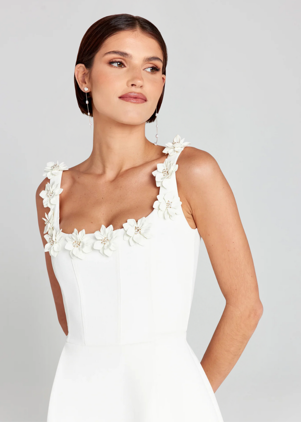 Mini Dress with Square Neckline and Three-Dimensional Appliqués