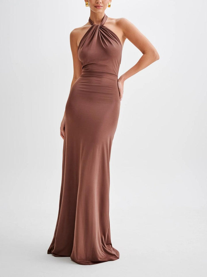 Halter Neck Maxi Dress with Open Back and Ruched Front Detail