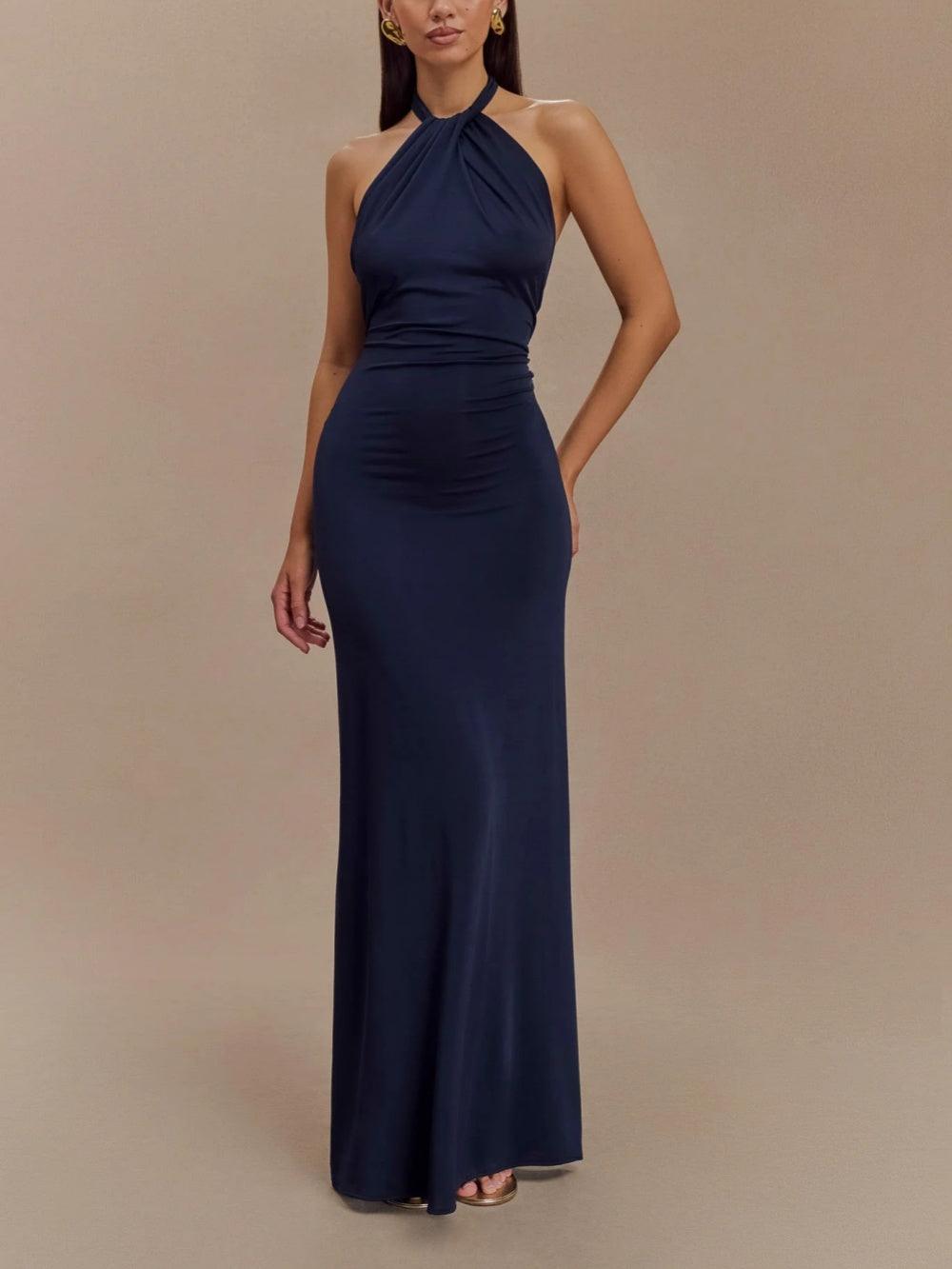 Halter Neck Maxi Dress with Open Back and Ruched Front Detail