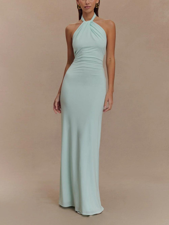 Halter Neck Maxi Dress with Open Back and Ruched Front Detail