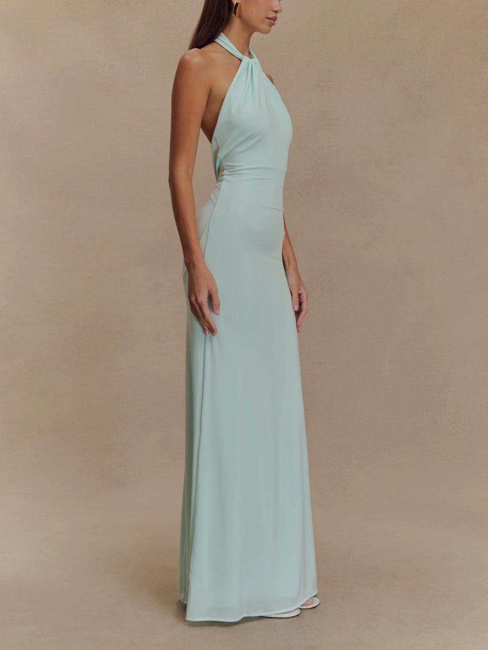 Halter Neck Maxi Dress with Open Back and Ruched Front Detail