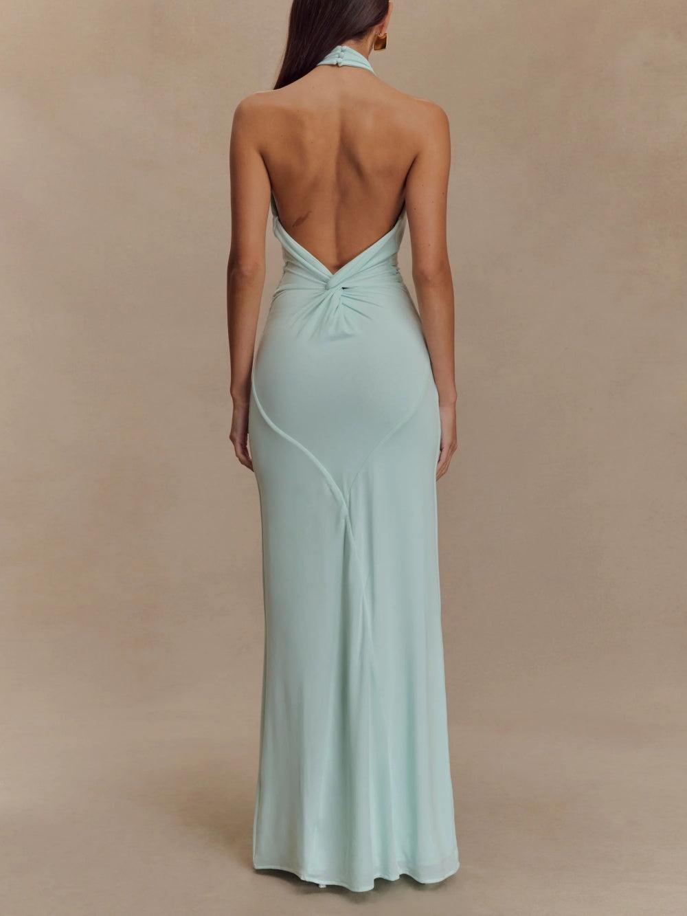 Halter Neck Maxi Dress with Open Back and Ruched Front Detail