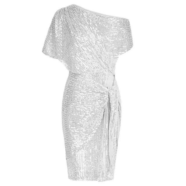 Sequin One-Shoulder Dress with Tie Waist and Asymmetrical Hem