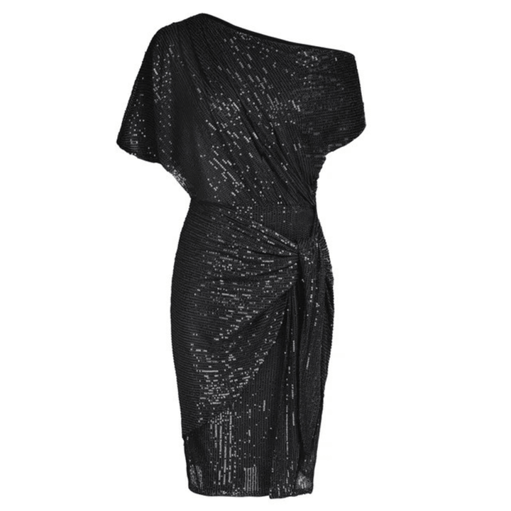 Sequin One-Shoulder Dress with Tie Waist and Asymmetrical Hem