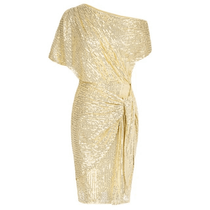 Sequin One-Shoulder Dress with Tie Waist and Asymmetrical Hem