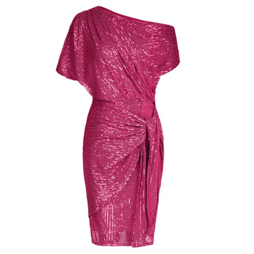 Sequin One-Shoulder Dress with Tie Waist and Asymmetrical Hem