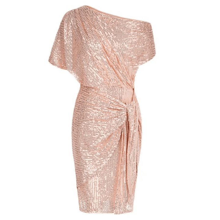 Sequin One-Shoulder Dress with Tie Waist and Asymmetrical Hem
