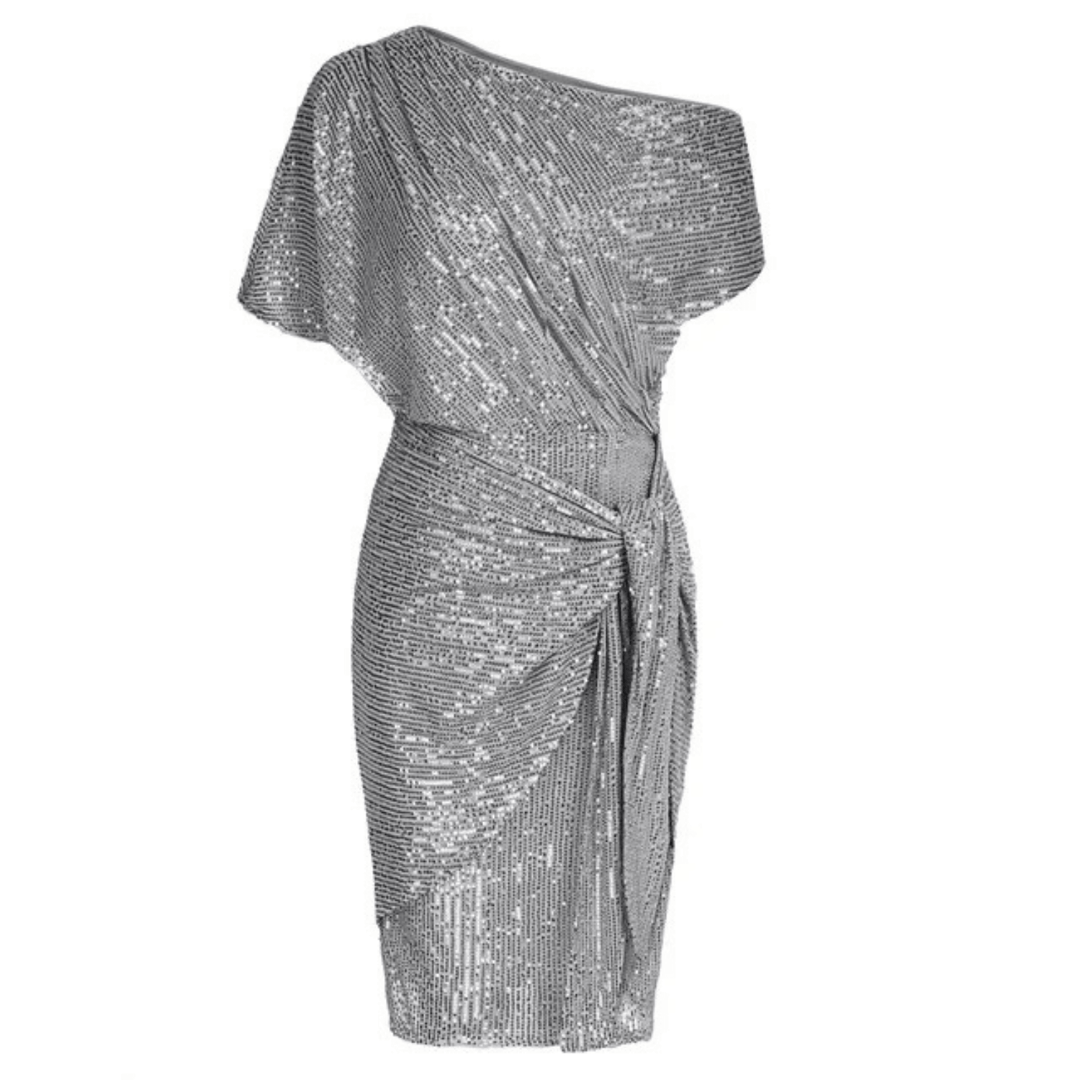 Sequin One-Shoulder Dress with Tie Waist and Asymmetrical Hem