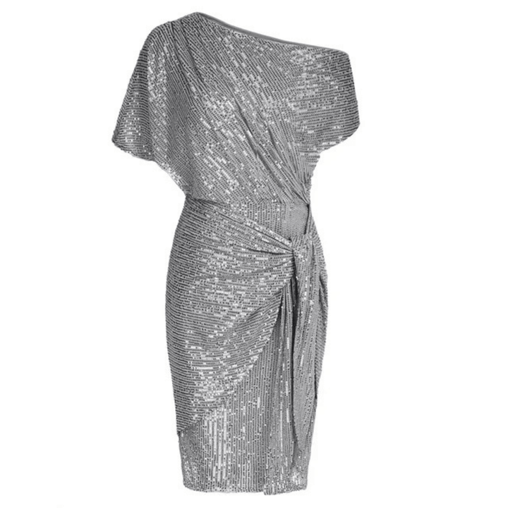 Sequin One-Shoulder Dress with Tie Waist and Asymmetrical Hem