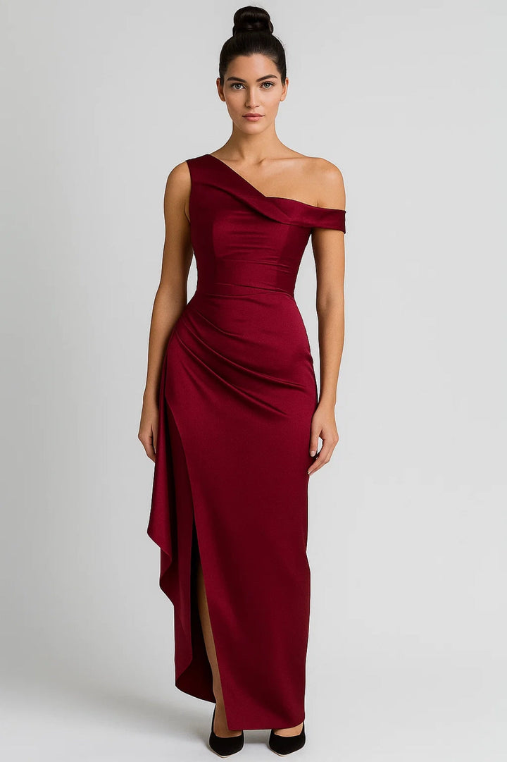 One-Shoulder Maxi Dress with Draped Detail and Side Slit