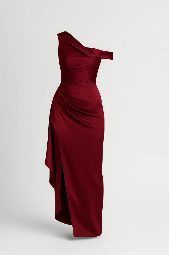 One-Shoulder Maxi Dress with Draped Detail and Side Slit