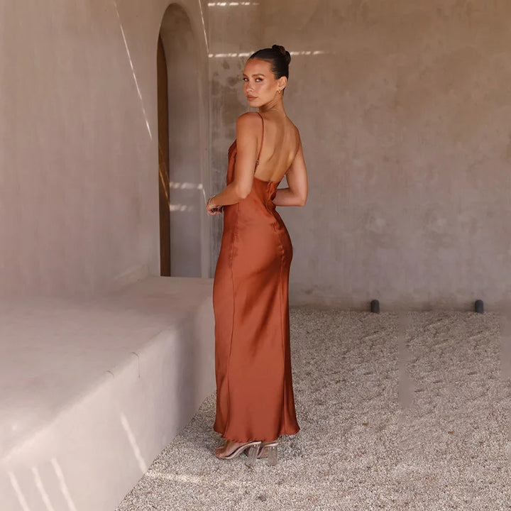 Cowl Neck Maxi Dress with Spaghetti Straps and Fitted Silhouette