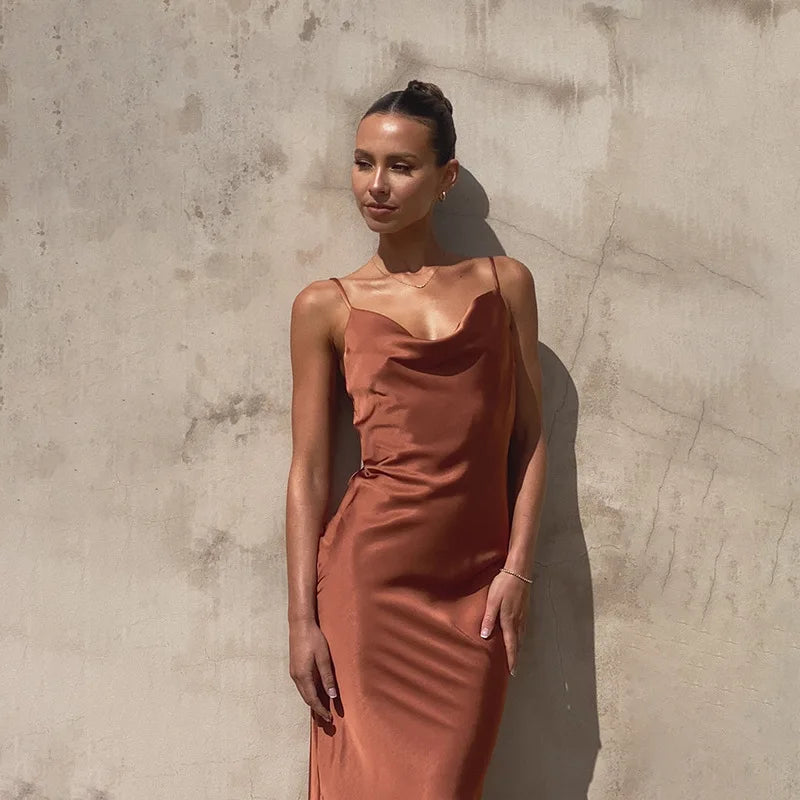 Cowl Neck Maxi Dress with Spaghetti Straps and Fitted Silhouette