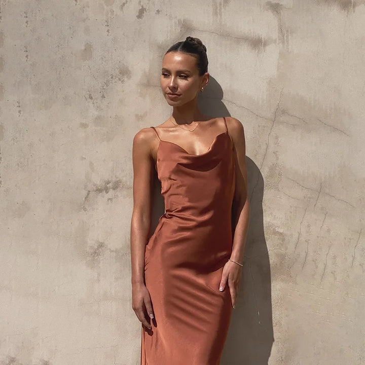 Cowl Neck Maxi Dress with Spaghetti Straps and Fitted Silhouette