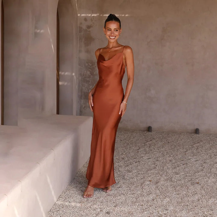 Cowl Neck Maxi Dress with Spaghetti Straps and Fitted Silhouette