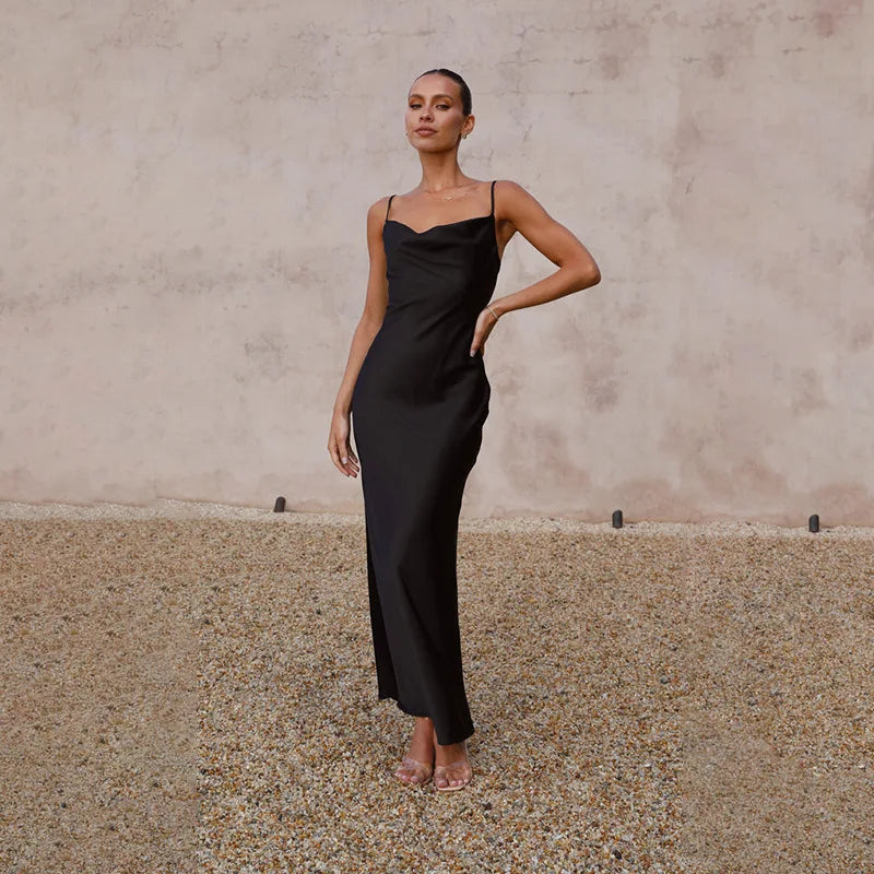 Cowl Neck Maxi Dress with Spaghetti Straps and Fitted Silhouette
