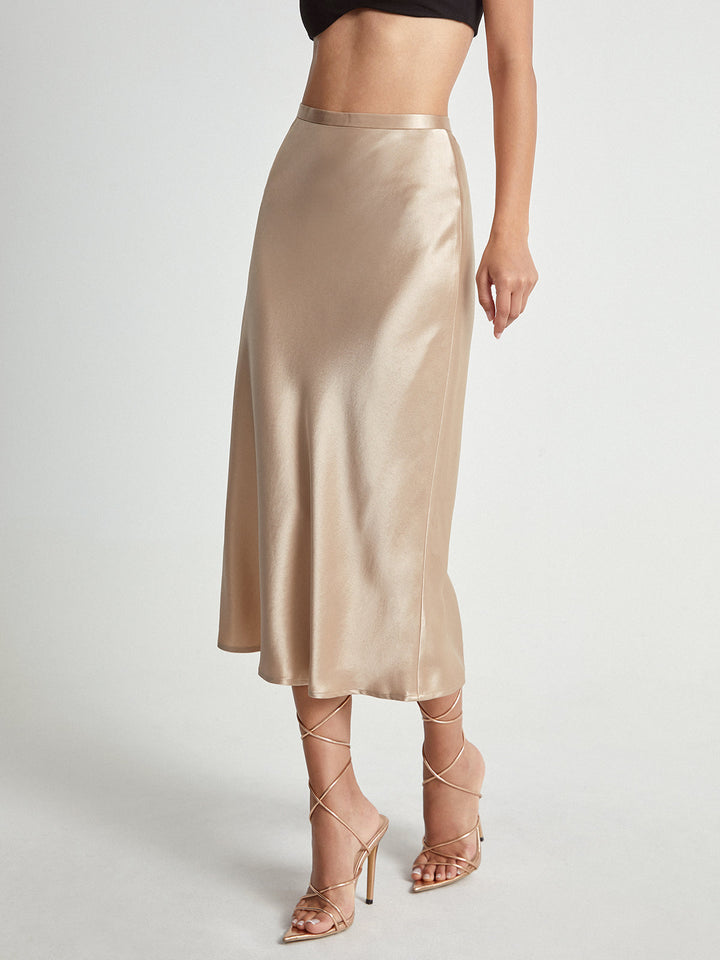 Satin Bias-Cut Midi Skirt with Elastic Waistband and Flowing Hem