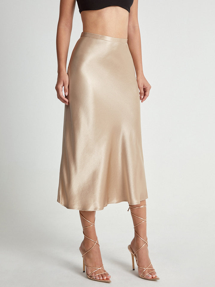 Satin Bias-Cut Midi Skirt with Elastic Waistband and Flowing Hem