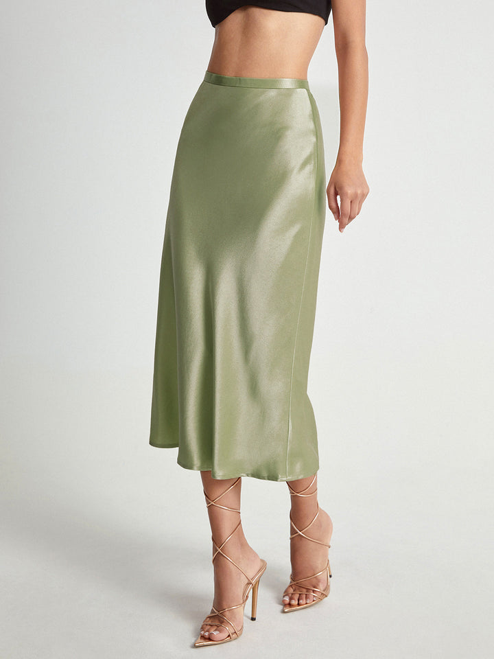 Satin Bias-Cut Midi Skirt with Elastic Waistband and Flowing Hem