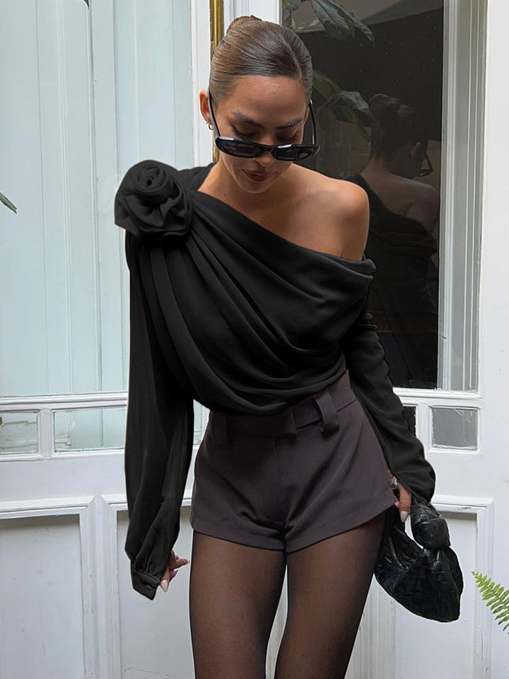 One-Shoulder Blouse with Draped Rosette Detail