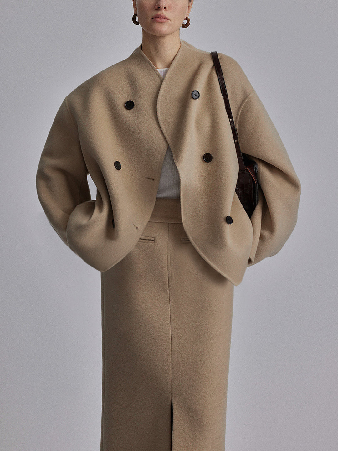 Wool-Blend Boxy Jacket with Double-Breasted Front and Collarless Neckline