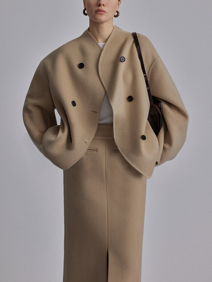 Wool-Blend Boxy Jacket with Double-Breasted Front and Collarless Neckline