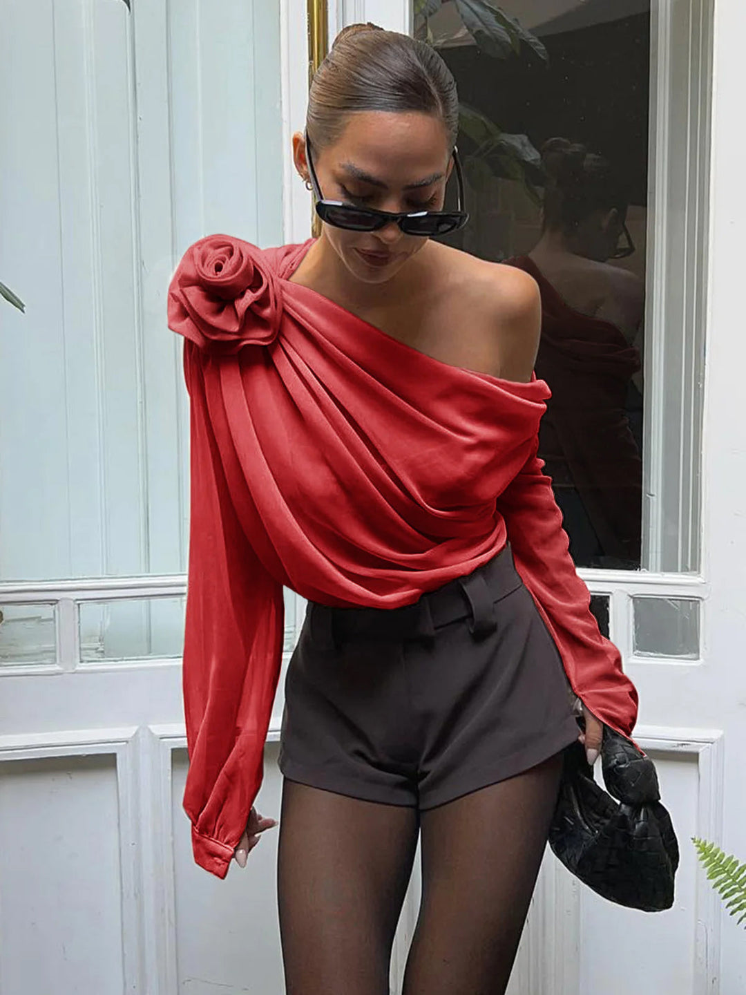 One-Shoulder Blouse with Draped Rosette Detail