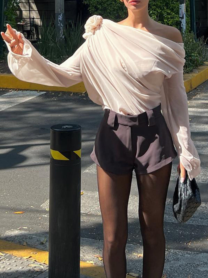 One-Shoulder Blouse with Draped Rosette Detail
