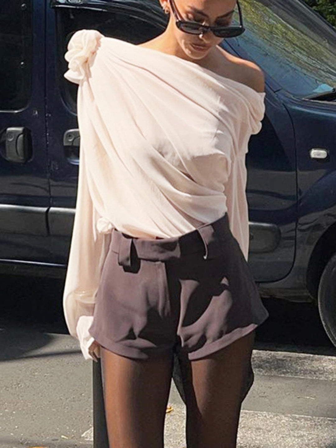 One-Shoulder Blouse with Draped Rosette Detail