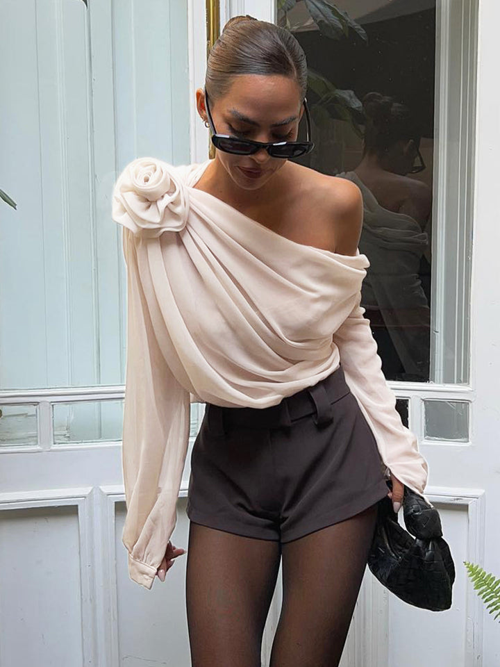 One-Shoulder Blouse with Draped Rosette Detail