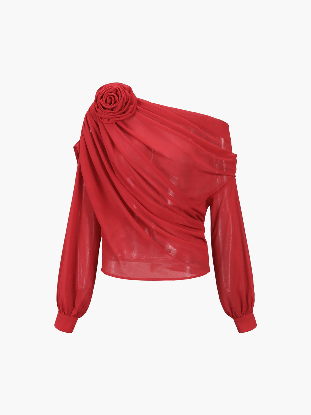 One-Shoulder Blouse with Draped Rosette Detail