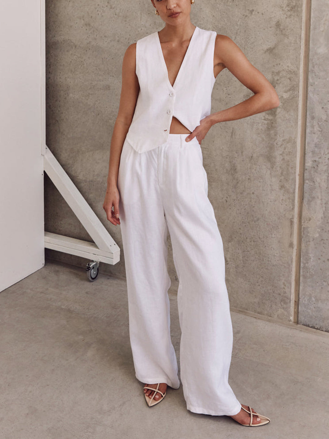 Cotton Sleeveless Vest Top and Wide-Leg Trousers Set with Button Closure