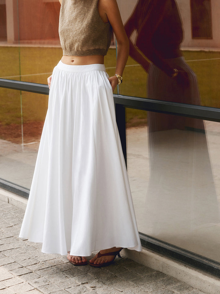 A-Line Maxi Skirt with Elastic Waistband and Side Pockets